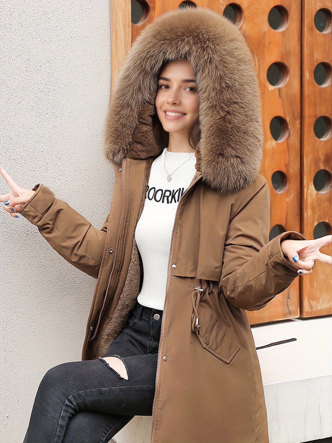 Women'S Winter Fleece-Lined Hooded Jacket with Casual Everyday Commuter Jacket, Stylish And Versatile for Any Look. Drawstring Waist for a Tailored Fit, with a Detachable