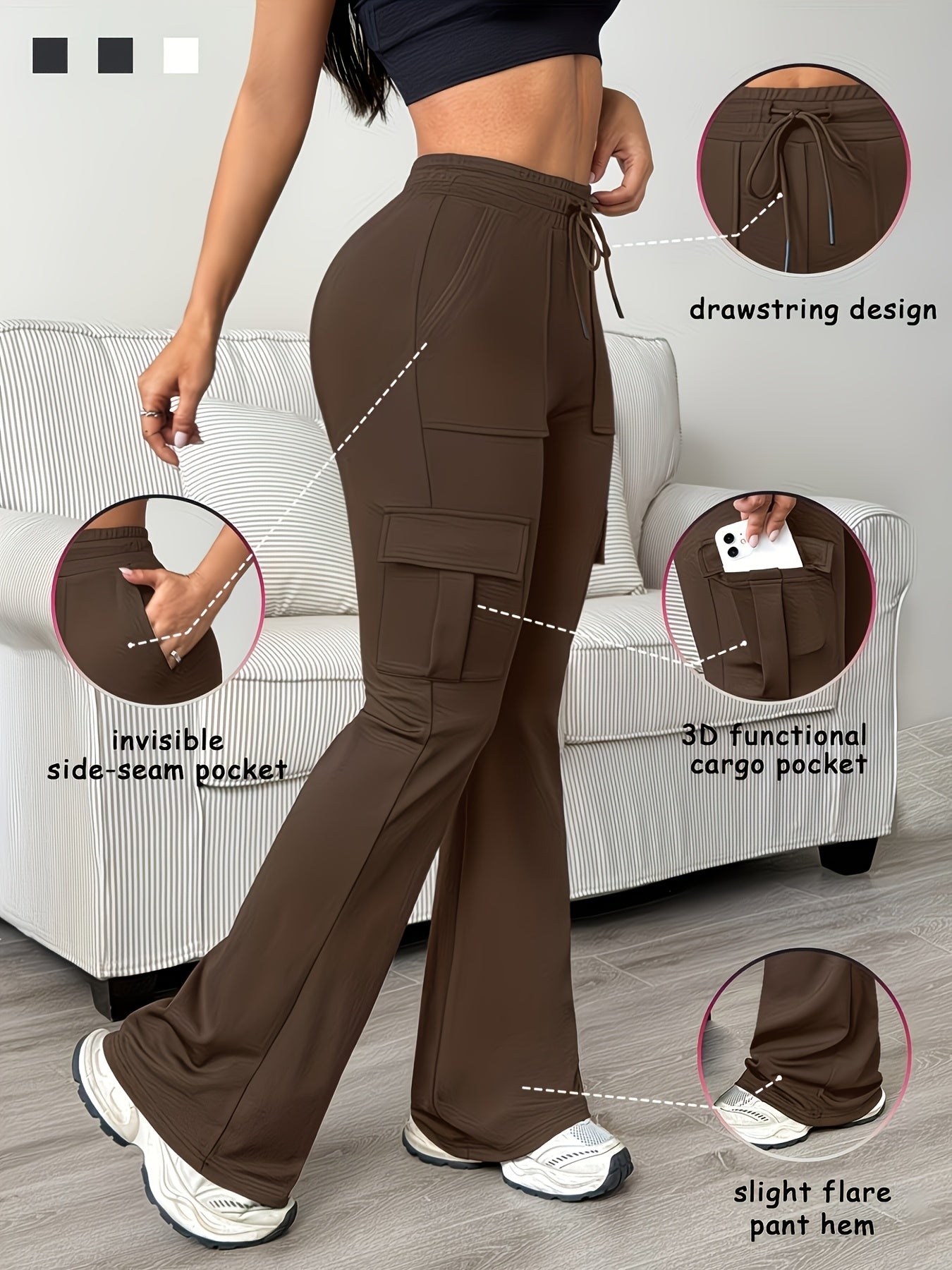 Women'S Functional Flare Cargo Pants, High Waist Elastic Drawstring Bootcut Leggings With Multi-Pockets, Stretchy All-Purpose & Casual Pants