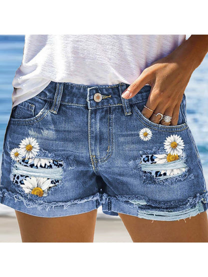 Womens Daisy Embroidered Distressed Denim Shorts Blue Leopard Print Patchwork Ripped Jean Shorts Mid Rise Frayed Hem Casual Summer Hot Pants for Beach Vacation Music Festival Boho Streetwear Chic Denim Cut Offs