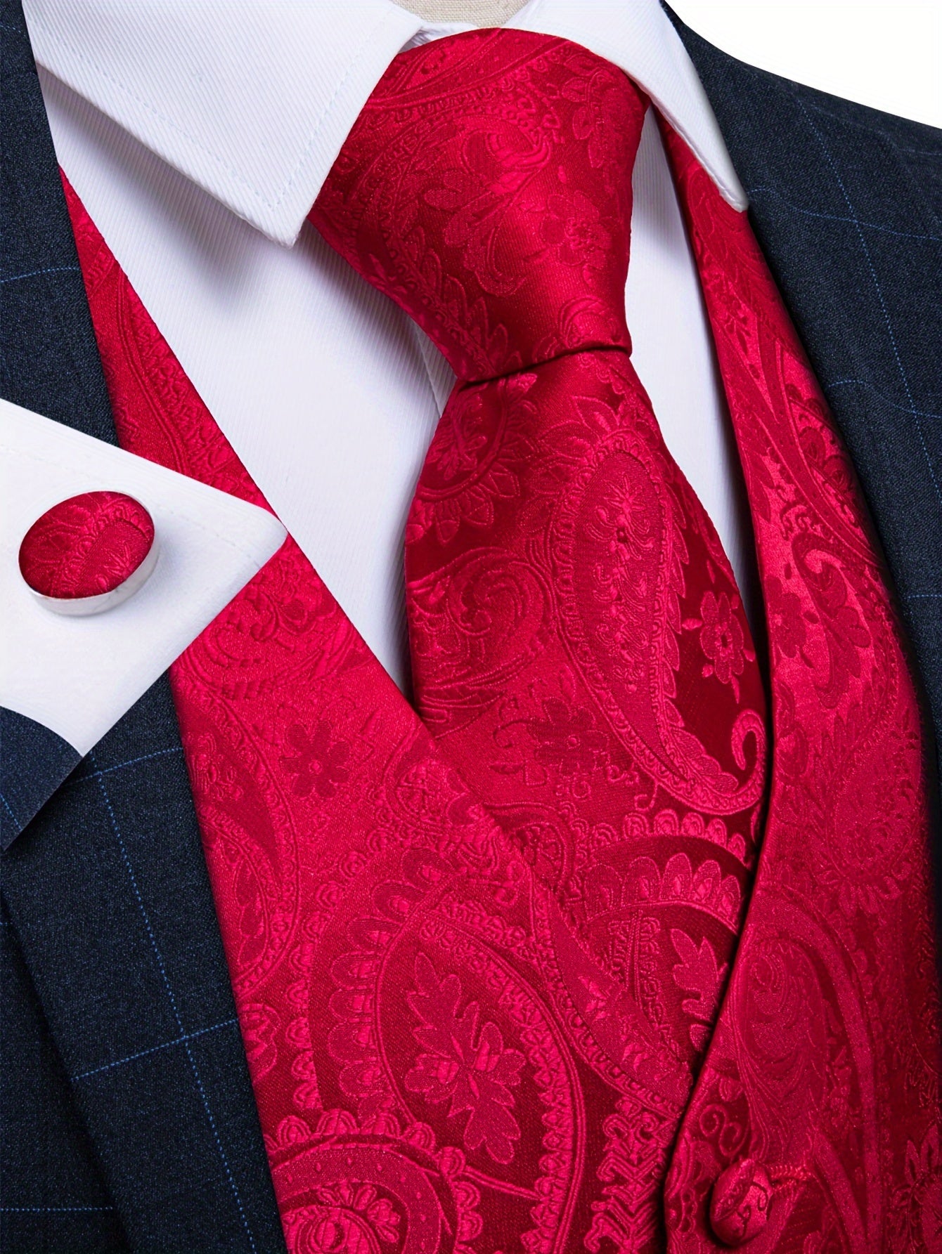 Men'S Classic Formal Suit Vest And Necktie Set - Elegant Red Paisley Design, Made from Non-Stretch Fabric, Featuring a Button Front Closure, Suitable for All Seasons Including Weddings, Business Events, And Parties - Formal Wear for Men, Plus Size
