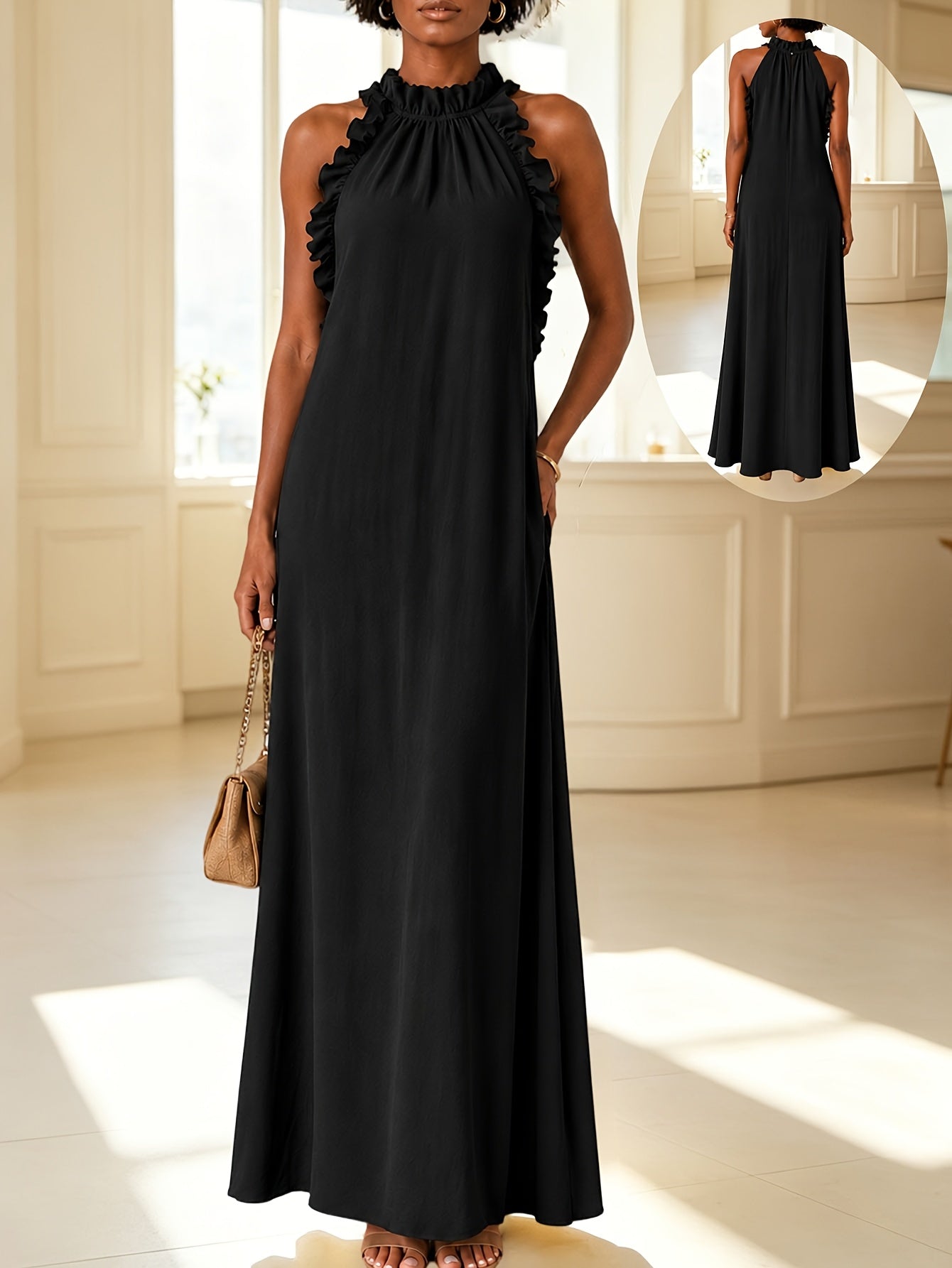 Summer Vacation Style Leaf-Edge Halter-Neck Sleeveless Dress