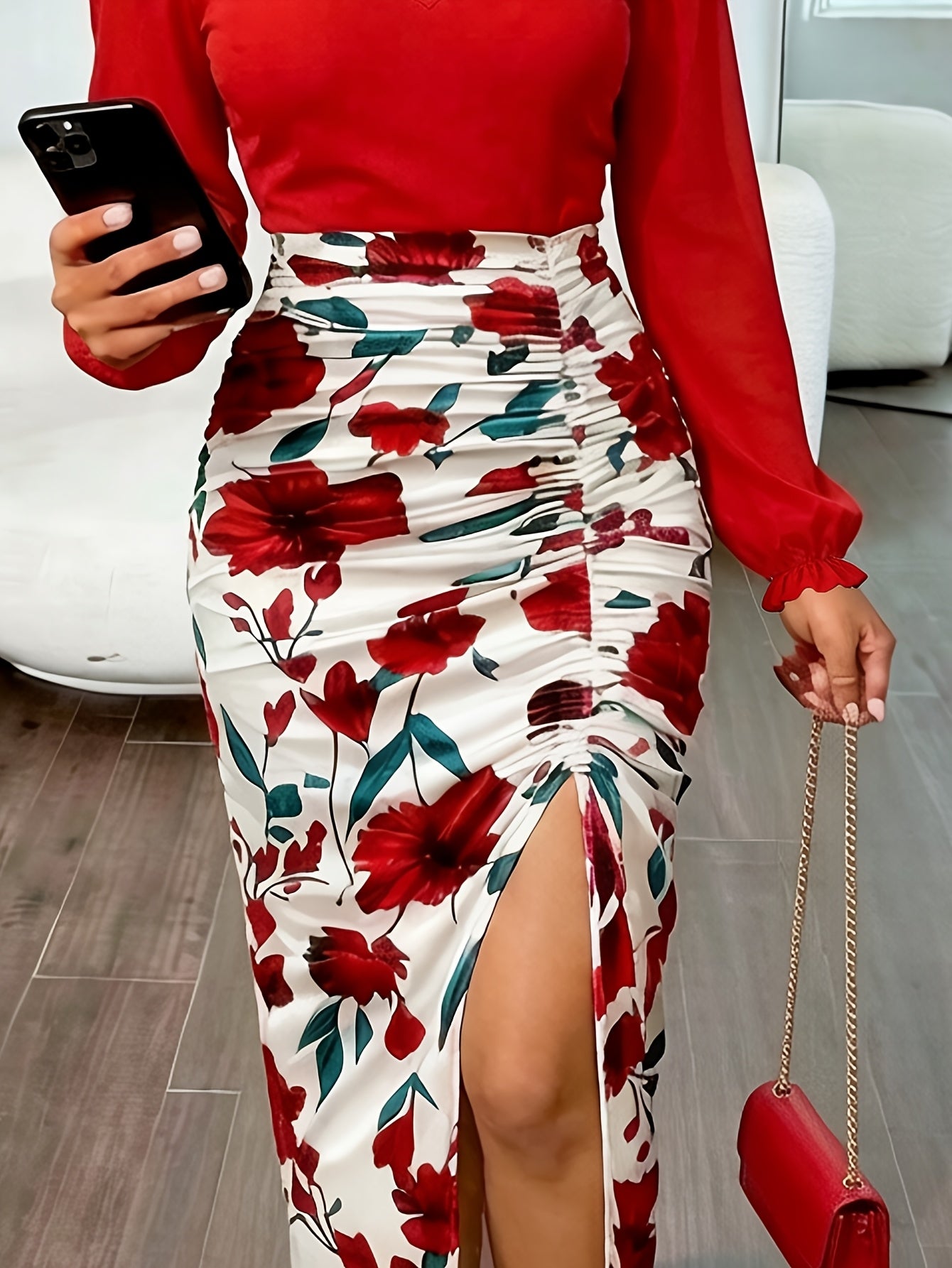 Floral Print Splicing Dress, Elegant Drawstring Long Sleeve Dress, Women'S Clothing