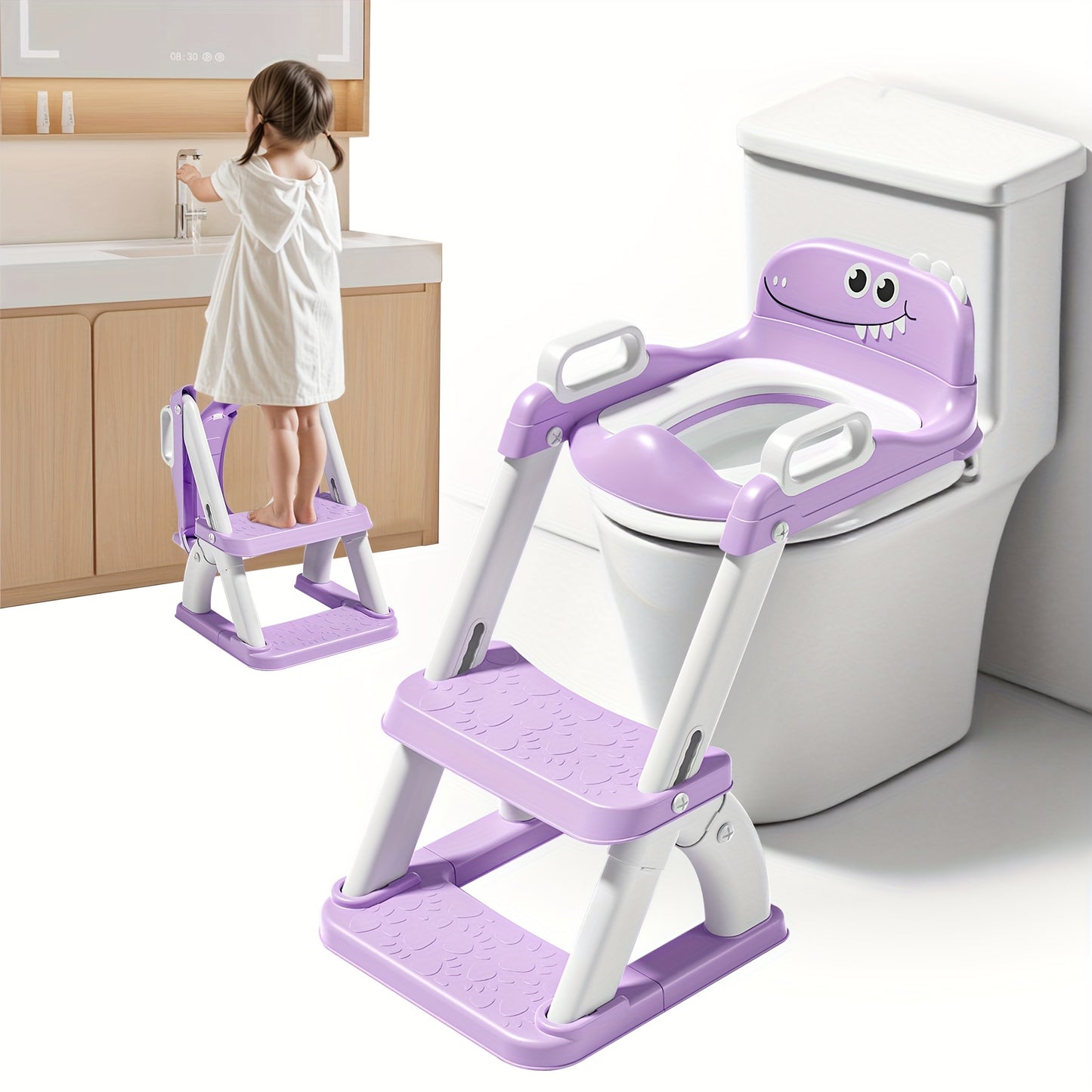 2-In-1 Potty Training Toilet Seat with Detachable Triangular Stable Base, Anti-Splash Protection, Non-Slip Mat And Step Stool - Dinosaur Pattern Color Options, Durable PVC Material for Toddlers, Potty Training Seat