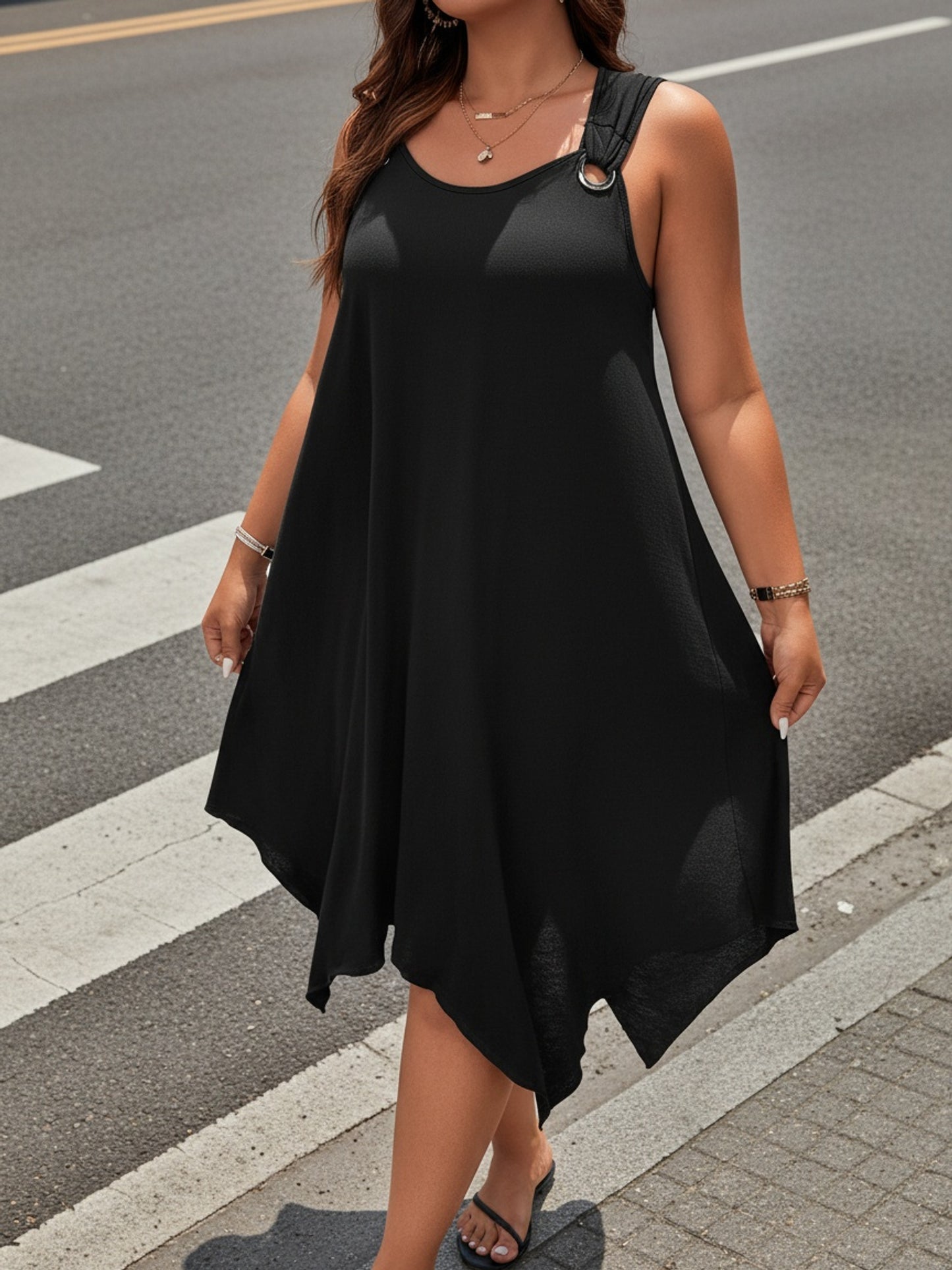 Plus Size - Plus Size Solid Irregular Hem Cami Dress, Casual Vacation Sleeveless Dress For Spring And Summer, Women'S Plus Size Clothing.