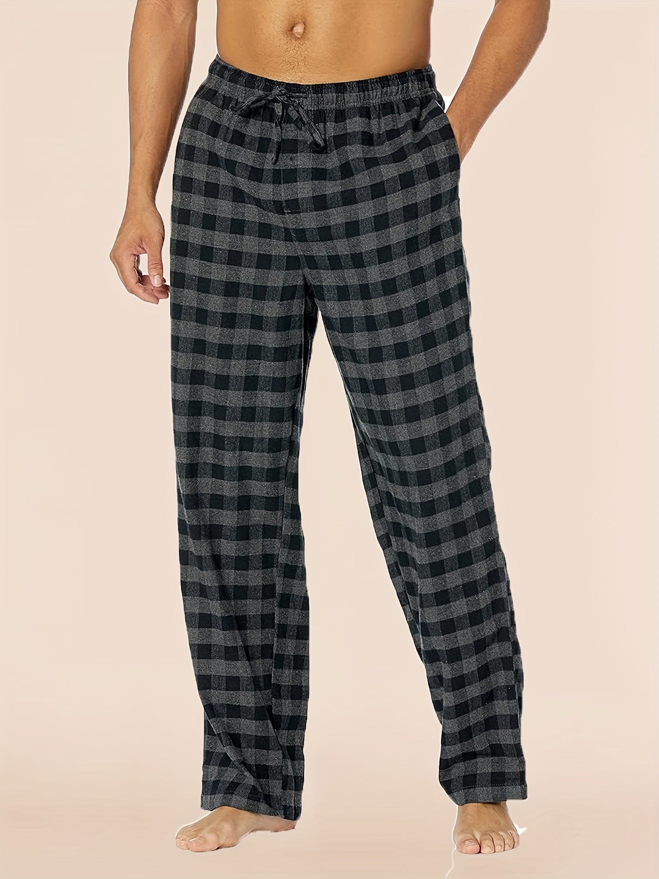4 Men'S Sleep Pants, Soft New Men'S Four-season Pajama Trousers With A Plaid Pattern, Comfortable Spring And Summer Sleep Pants With Elastic Waist, One Side Pocket, With Belt, Loose And Suitable For Wearing Outside, Casual Home Trousers