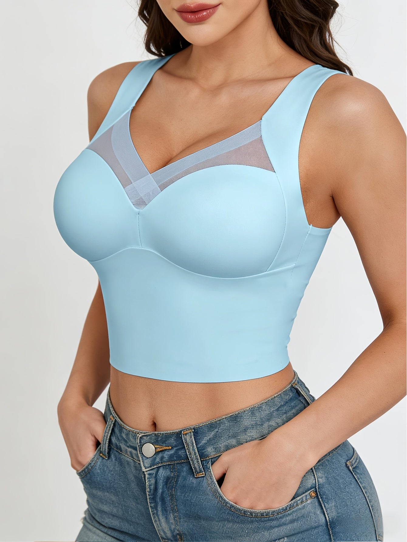1pc EssElegance Wireless Sports Bra - Push-Up, Side Smoothing, High Stretch, Built-in Pads