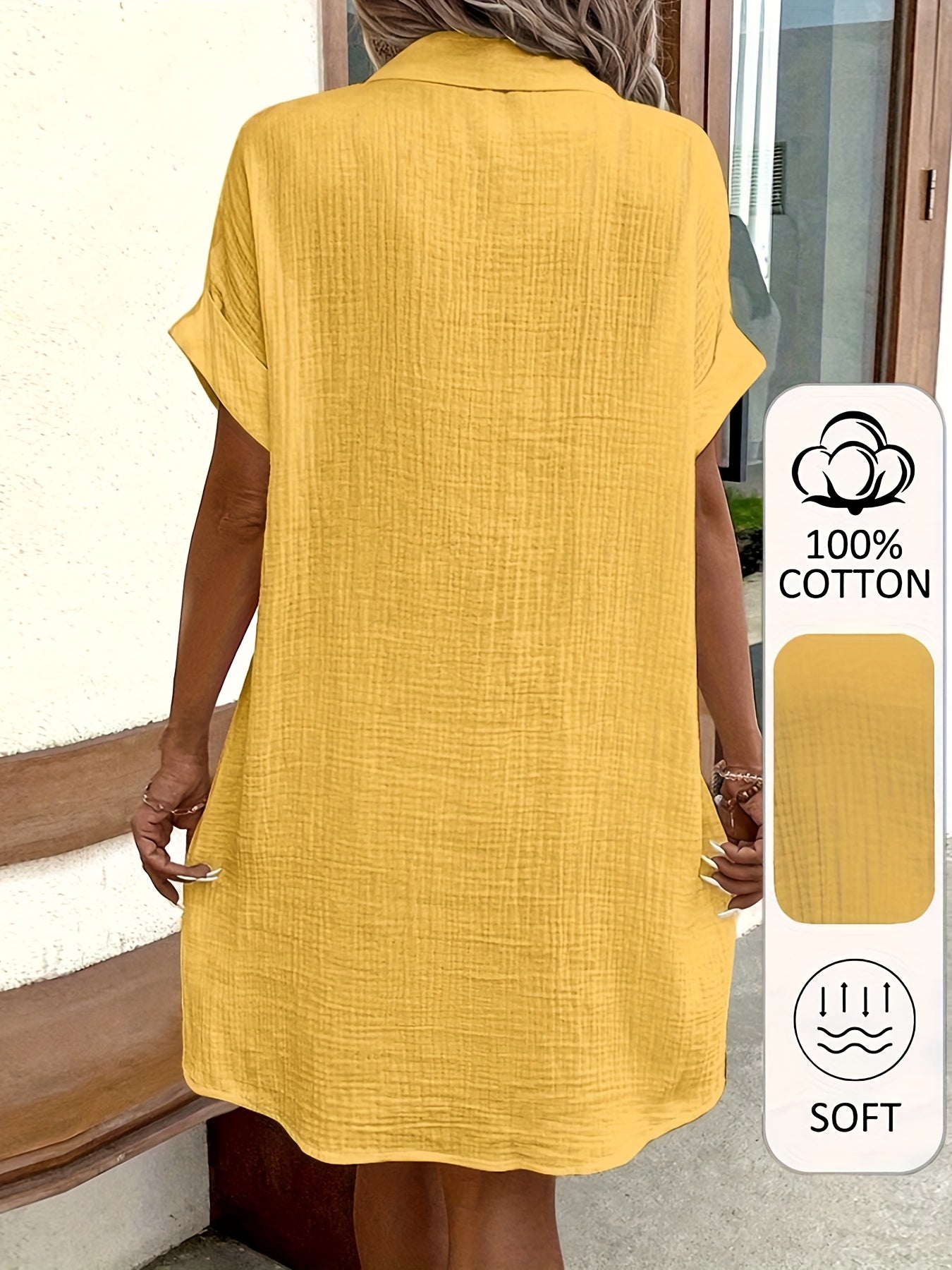 Women's 100% V-Neck Short Sleeve A-Line Dress - Button-Front Blouse Dress, Soft Breathable Casual to Semi-Formal Wear, Machine Washable All-Season Outfit (No) - Pure Shirt Dress