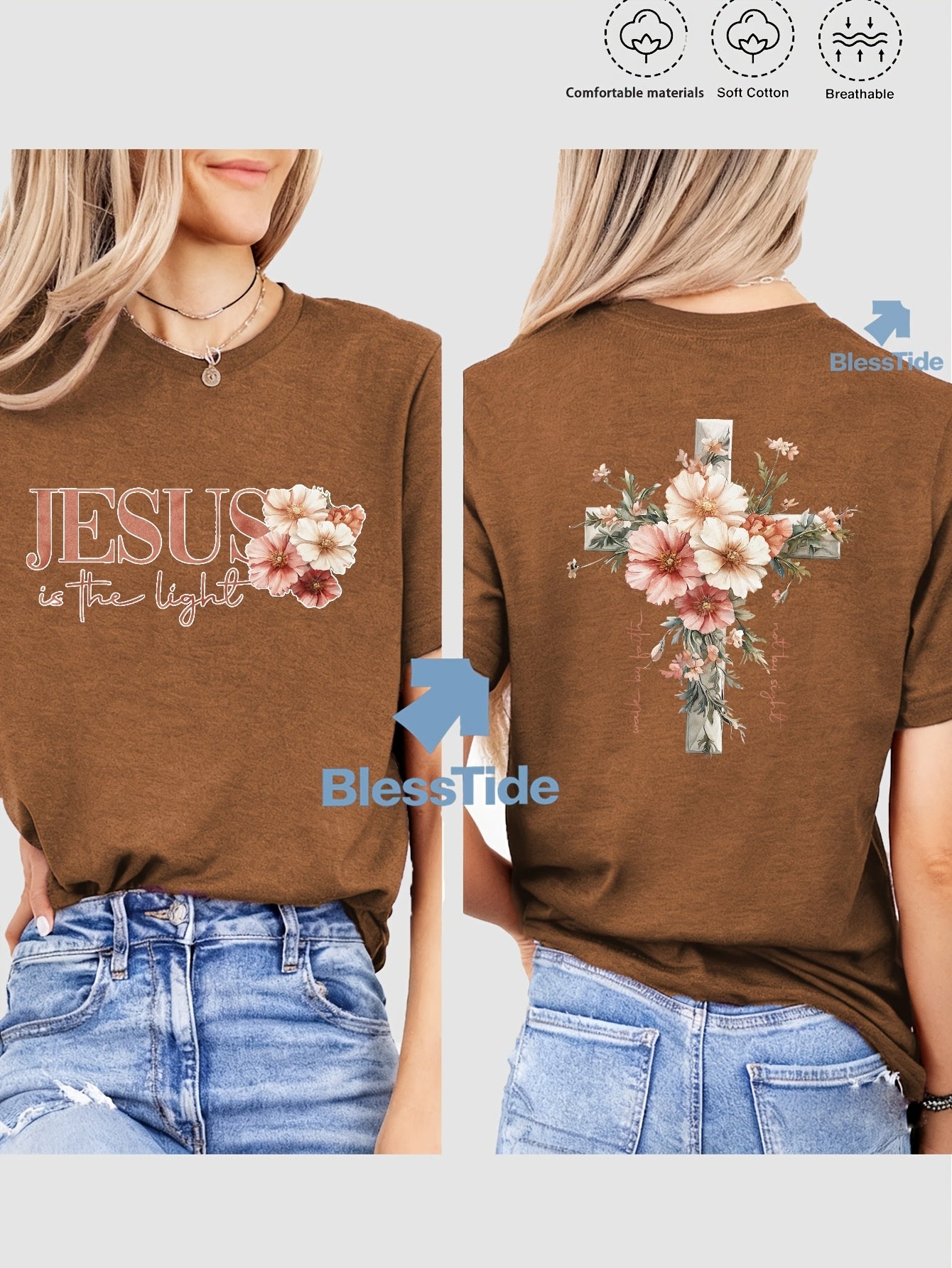 Jesus Floral Cross Double-Sided Print T-shirt - Stylish Faith-Inspired Design for Casual Wear, Perfect for Christian Women, Trendy and Comfortable -blend T-shirt with Double-sided Print