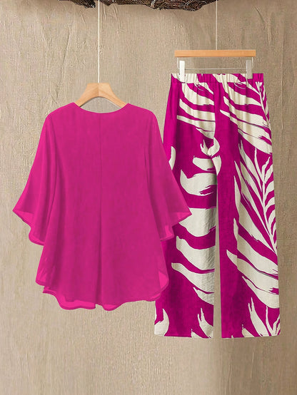 Plus Size - Plus Size - 2pcs Plus Size Women Set: Chiffon Batwing Sleeve Top And Plant Print Long Pants