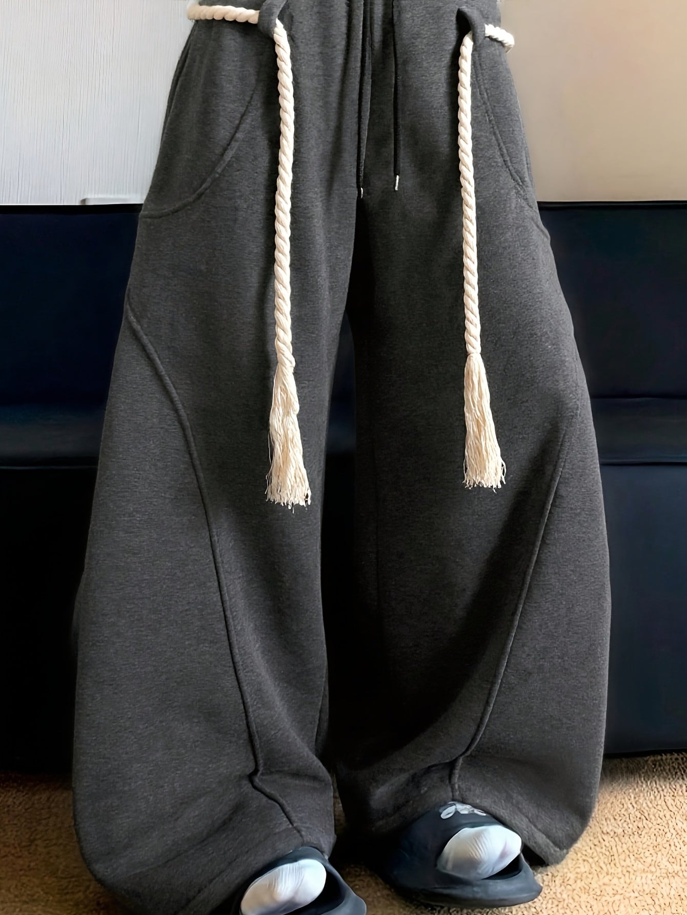 Men's Baggy Wide Leg Sweatpants with Drawstring Elastic Waist Casual Loose Fit Blend Track Pants with Pockets