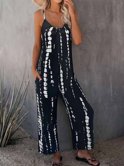Women's Tie Dye Cami Jumpsuit, Black White Sleeveless Wide Leg Jumpsuit with Pockets, Casual Loose Summer Romper for Daily Wear & Vacation