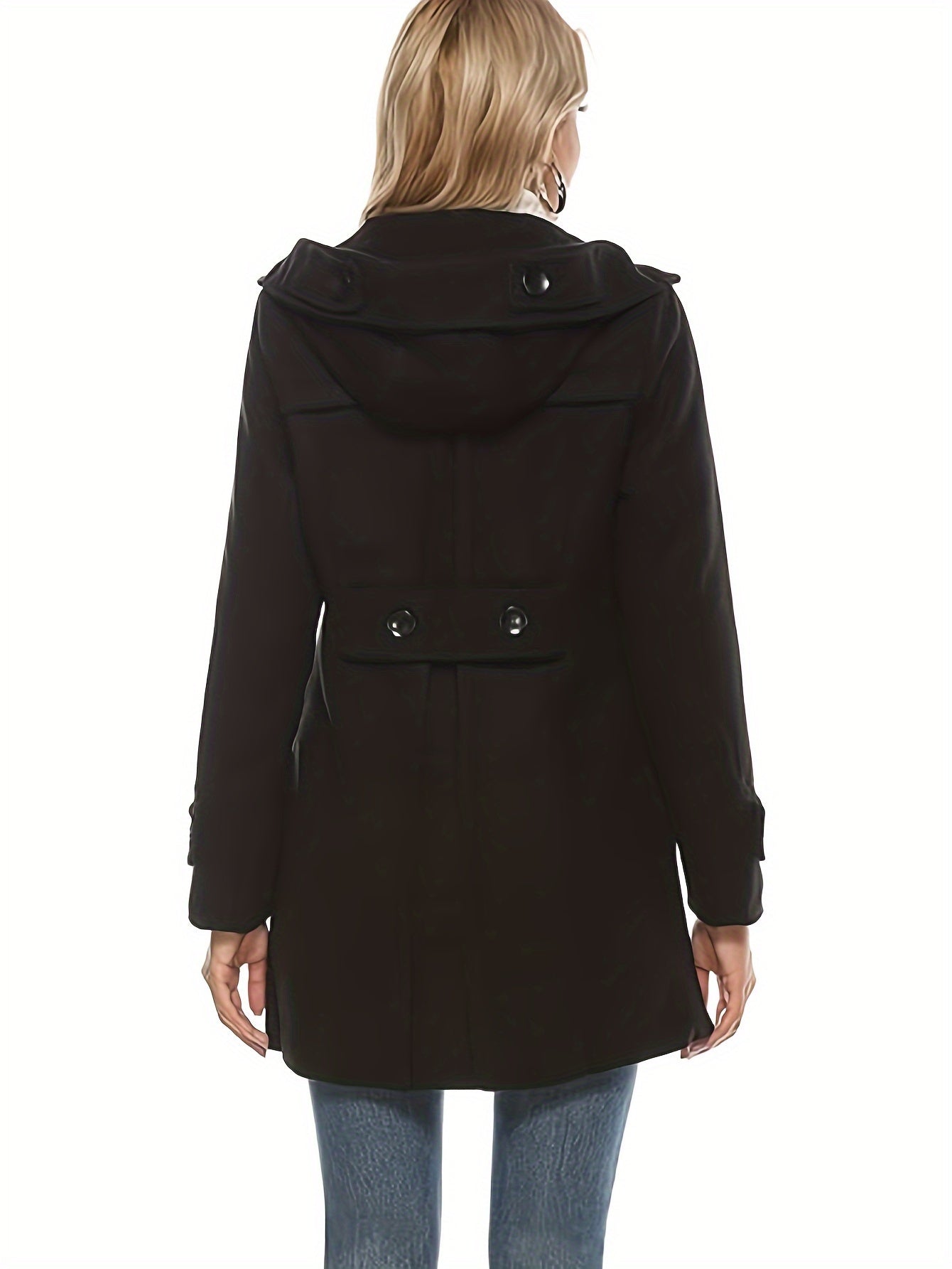 Women'S Cozy Double-Breasted Wool Peacoat Trench Jacket with Hood