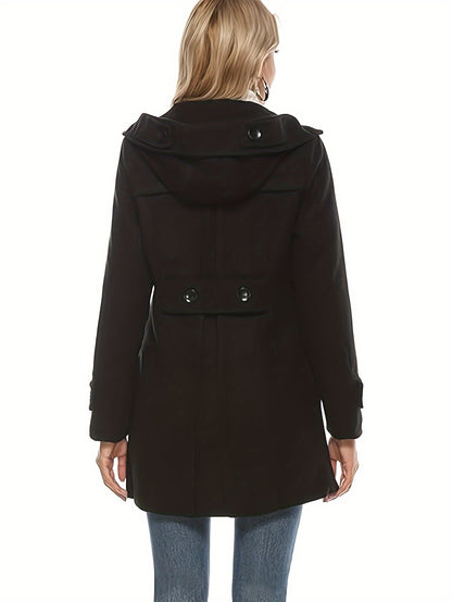 Women'S Cozy Double-Breasted Wool Peacoat Trench Jacket with Hood