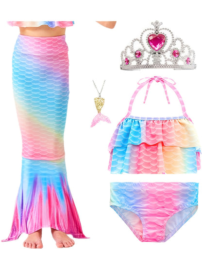 5-Piece Mermaid Tail Costume Princess Mermaid Outfit, Mermaid Dress Halloween Costume for Kids, Cosplay Clothes, Girls' Clearance Sale, Christmas Outfits Sets, Halloween Disguise for Girls