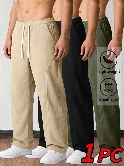 Men'S Solid Corduroy Straight Pants, Retro Pocket And Drawstring Waist, Breathable All-Season Trousers, Casual Daily And Workwear, Machine Washable, Comfortable Straight Fit Pants for Daily Activities