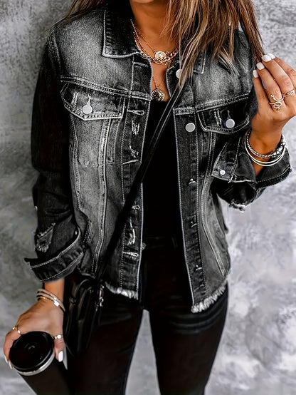 Women's Vintage Americana Jeans Jacket - Non-Stretch Button-Front Coat, Machine Washable Long Sleeve Outerwear for Women, Casual Everyday & Formal Outfits (Black), Summer Wardrobe, Retro Design, Quality Stitching, Trendy Outfit