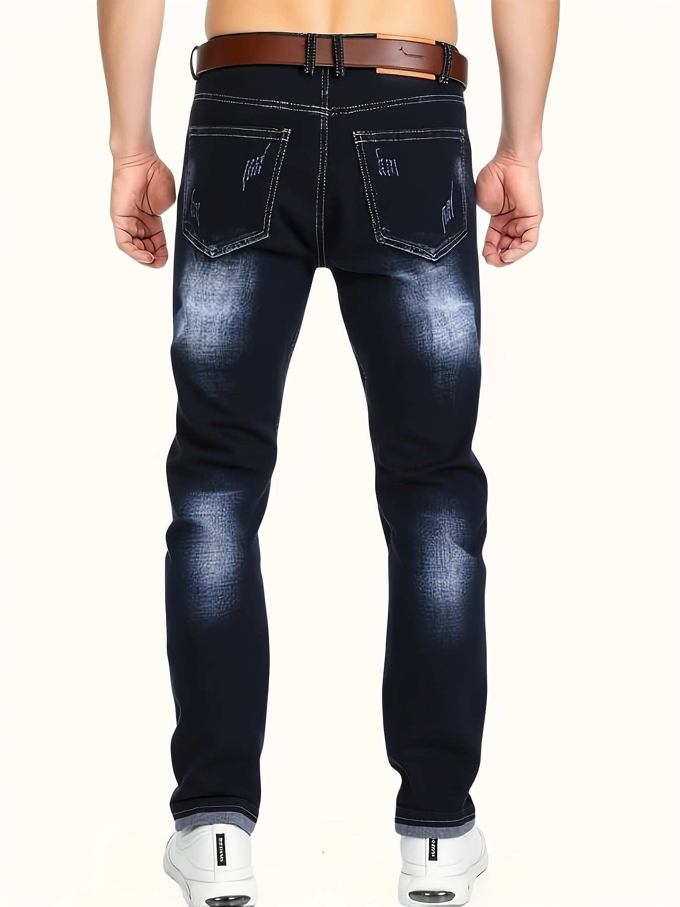 [HME] Autumn New Men'S Jeans, Mid-Waist Stretch Slim Straight Leg, Retro Trendy Brand Perforated Design, Heavy Washed Blue Natural Whitening Effect, Classic Five-Pocket Style, YKK Zipper, Essential Denim Long Pants for Men'S Fashionable Outfits