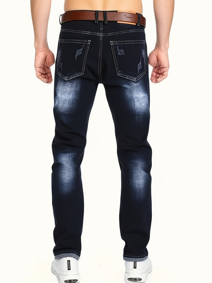 [HME] Autumn New Men'S Jeans, Mid-Waist Stretch Slim Straight Leg, Retro Trendy Brand Perforated Design, Heavy Washed Blue Natural Whitening Effect, Classic Five-Pocket Style, YKK Zipper, Essential Denim Long Pants for Men'S Fashionable Outfits