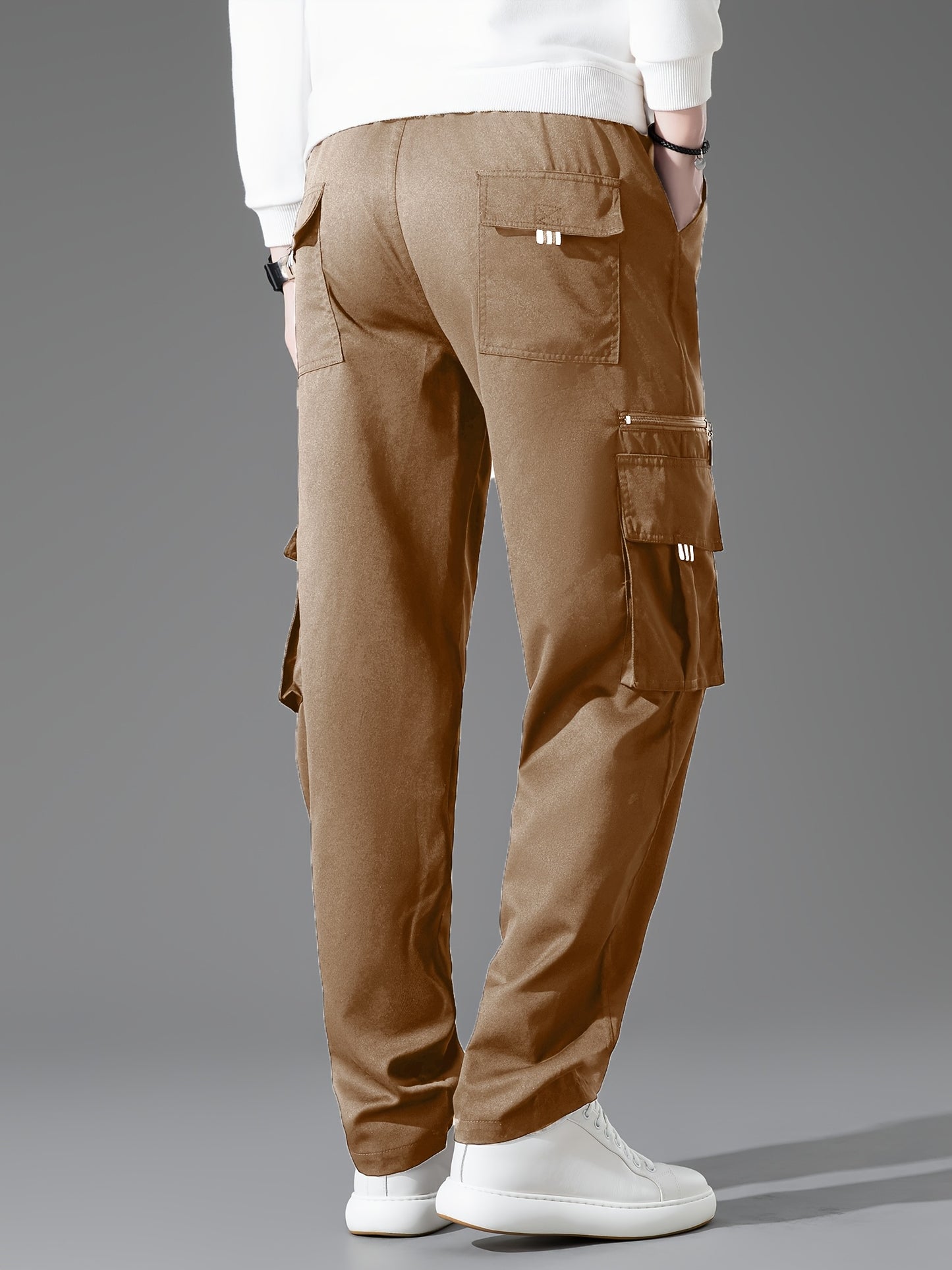 3pcs Men'S Casual Solid Color Cargo Pants, Polyester Non-Stretch Woven Fabric, Multiple Pockets, Regular Fit, Spring/Fall Season, Hiking & Outdoor Scene, Weekend Casual Occasion, Thick