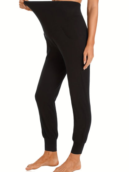 2pcs Maternity High-Waisted Stretch Pregnancy Pants - Elastic Belly Tummy Control, 7/8 Length Ankle-Length (No Cuff) for, Workouts & Casual Wear - Spring-Summer-Fall Stretchy Athletic Pants (Nine-Month Fit)