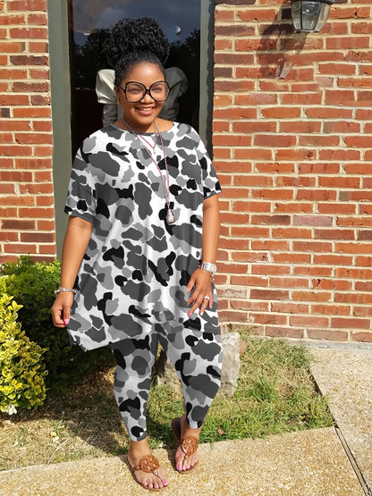 Plus Size Ladies' Fashion Short-Sleeved Trousers Two-Piece, Full-Body Camouflage Suit, Coat Side Split, Trousers with Pockets, Comfortable And Elastic Ladies' Daily Leisure Suit