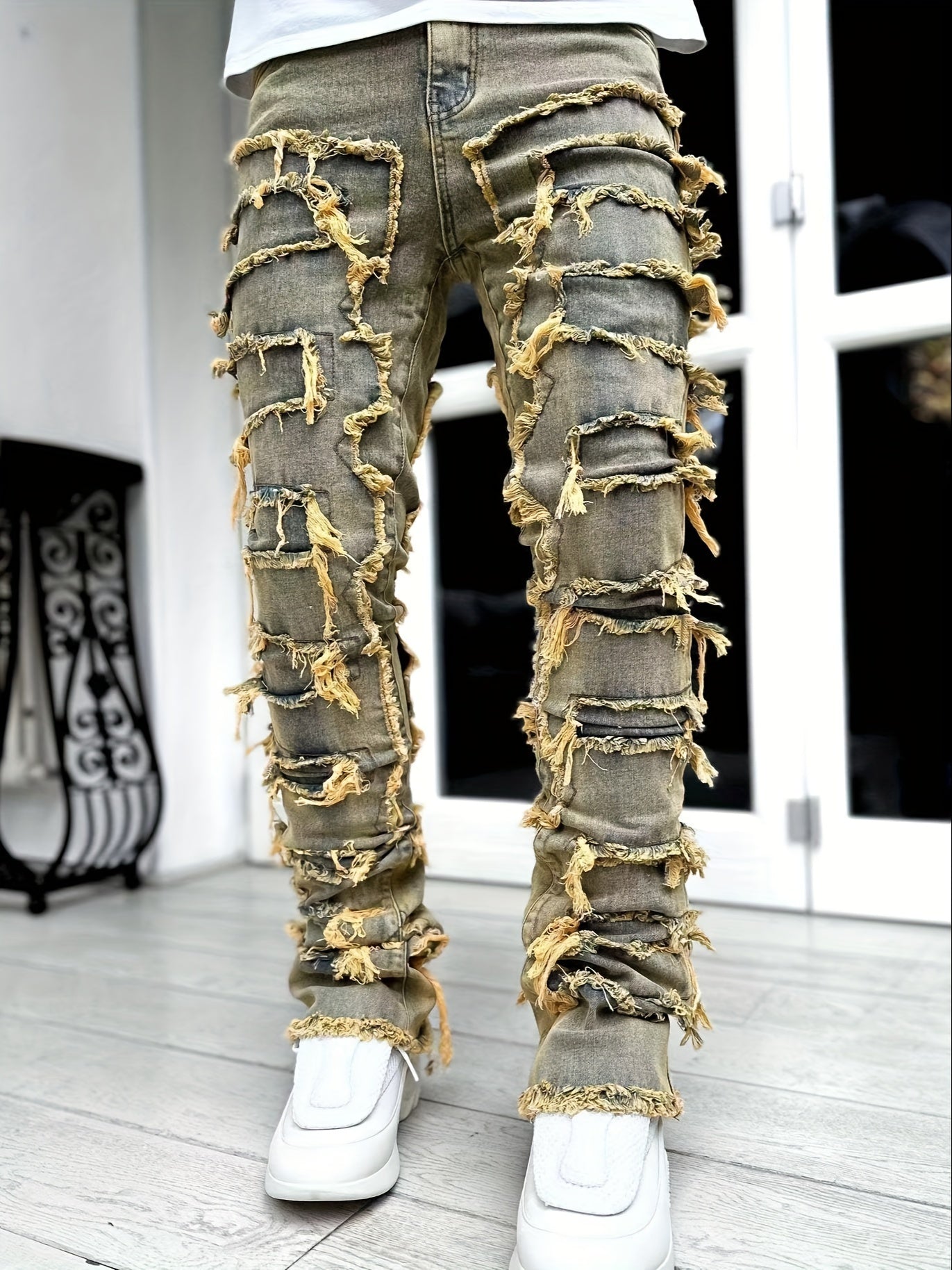 Men's Slim-Fit Stretch Jeans with Fringe Tassel decoration - Hip-Hop Skateboard Style Straight Pants, Washed Denomination for all- Wear (Machine Washable, Urban Streetwear) - Comfortable & Trendy for Skating & Everyday