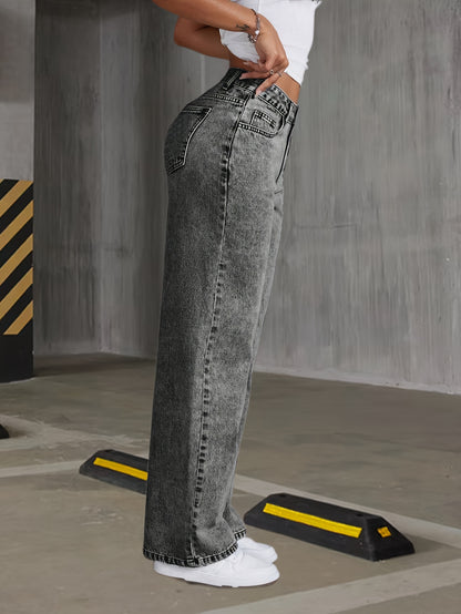 [Elegant Denim Jeans] Women's Gray Snowflake Denim Wide Leg Jeans - Elegant, Comfortable Stretch Casual Pants with High Waist, Button Fly, And Flake Details for Weekend Wear, Versatile Fashion | Elegant Denim | Comfortable Fit