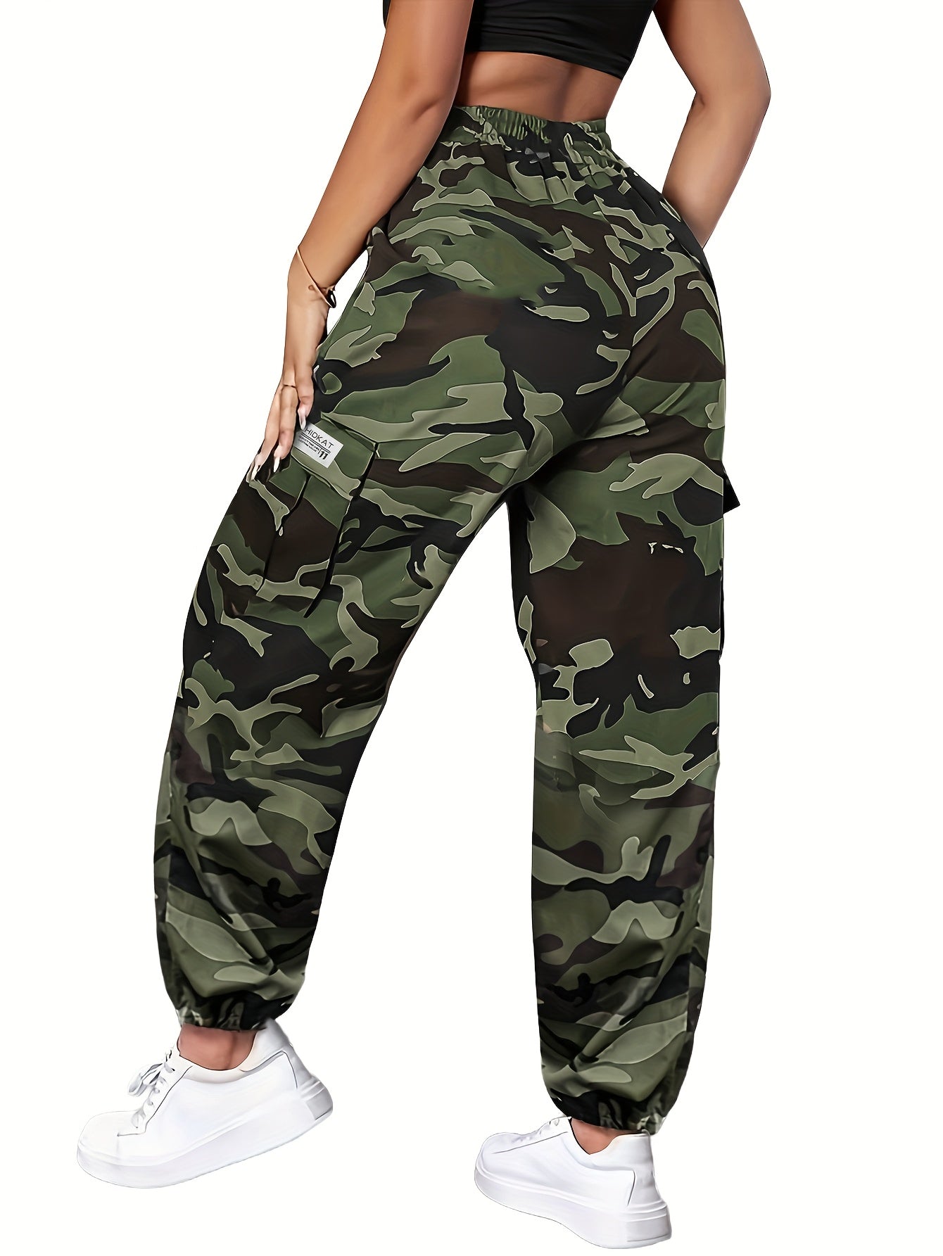 Women's Camo Cargo Pants Summer Lightweight Breathable Outdoor Casual Long Pants with Adjustable Elastic Waistband
