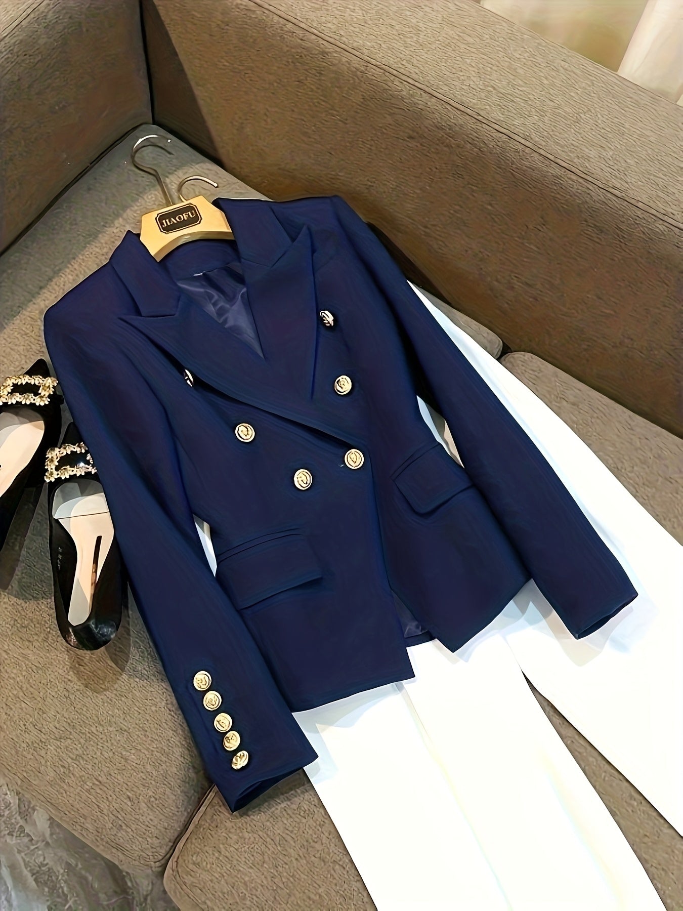KIMKING 2026 Women's New Navy Blue Double-Breasted Waist-Cinching Slim-Fit Blazer for Workplace Commuting, Business Meetings, and Formal Events, Elegant and Graceful, Sizes S-XXL