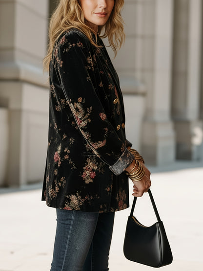 Black Floral Print Velvet Blazer for Women | Retro Double-Breasted Design, Perfect for Party Gatherings And Elegant Social Occasions