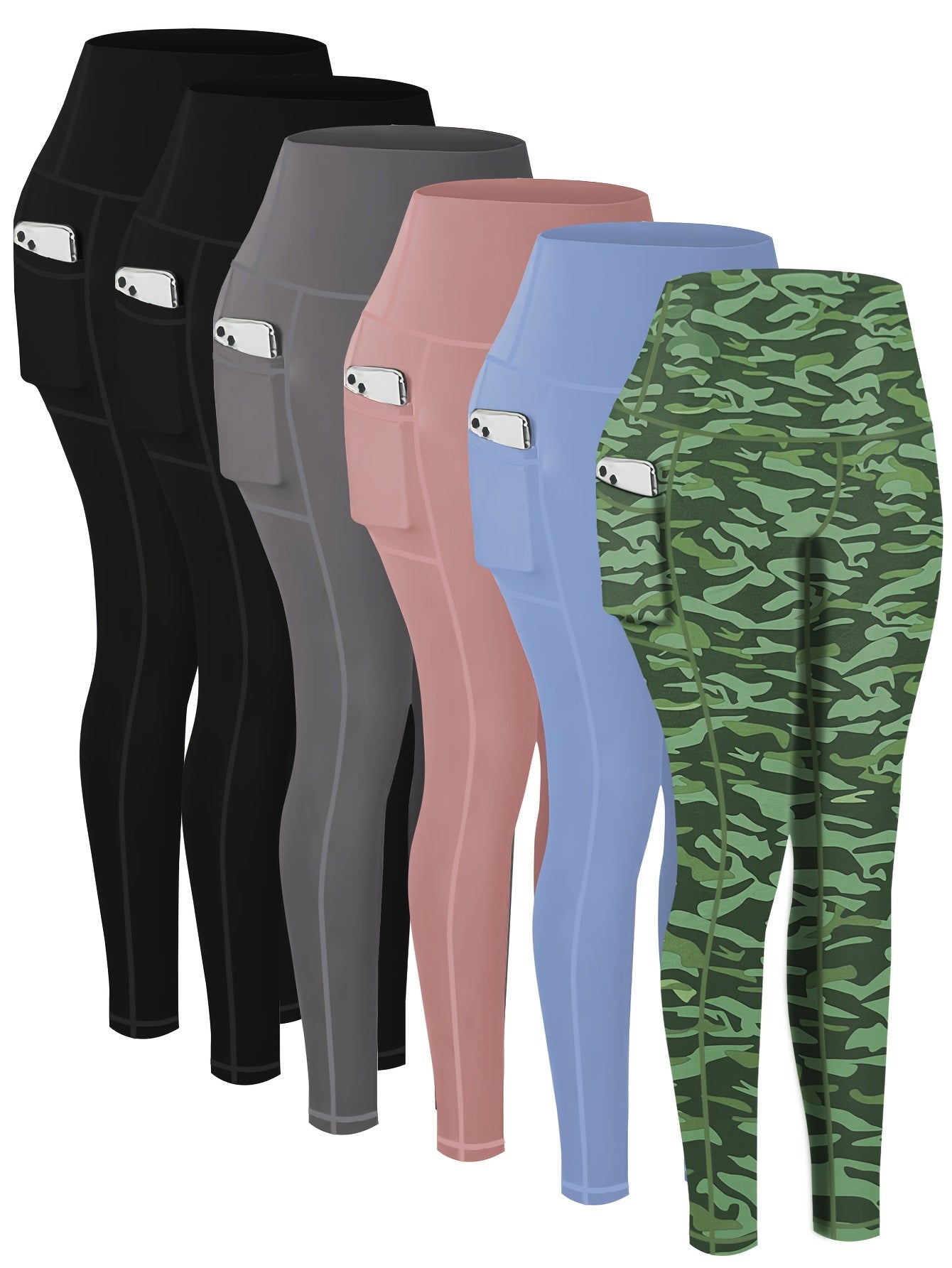 Plus Size 6pcs Set Women's Pockets Yoga Pants, Fitness Running Compression Leggings Butt Lift High Waisted Tummy Control Slimming Yoga Pants WithPockets, Workout Running