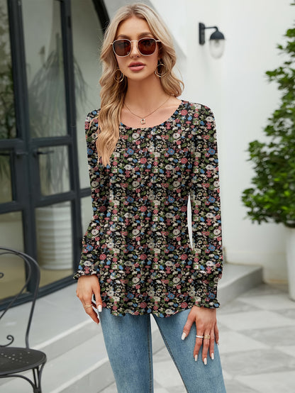 Women's Casual Fall Floral Round Neck Puff Sleeve Tunic Long Sleeve Top Pleated Loose And Versatile T-Shirt