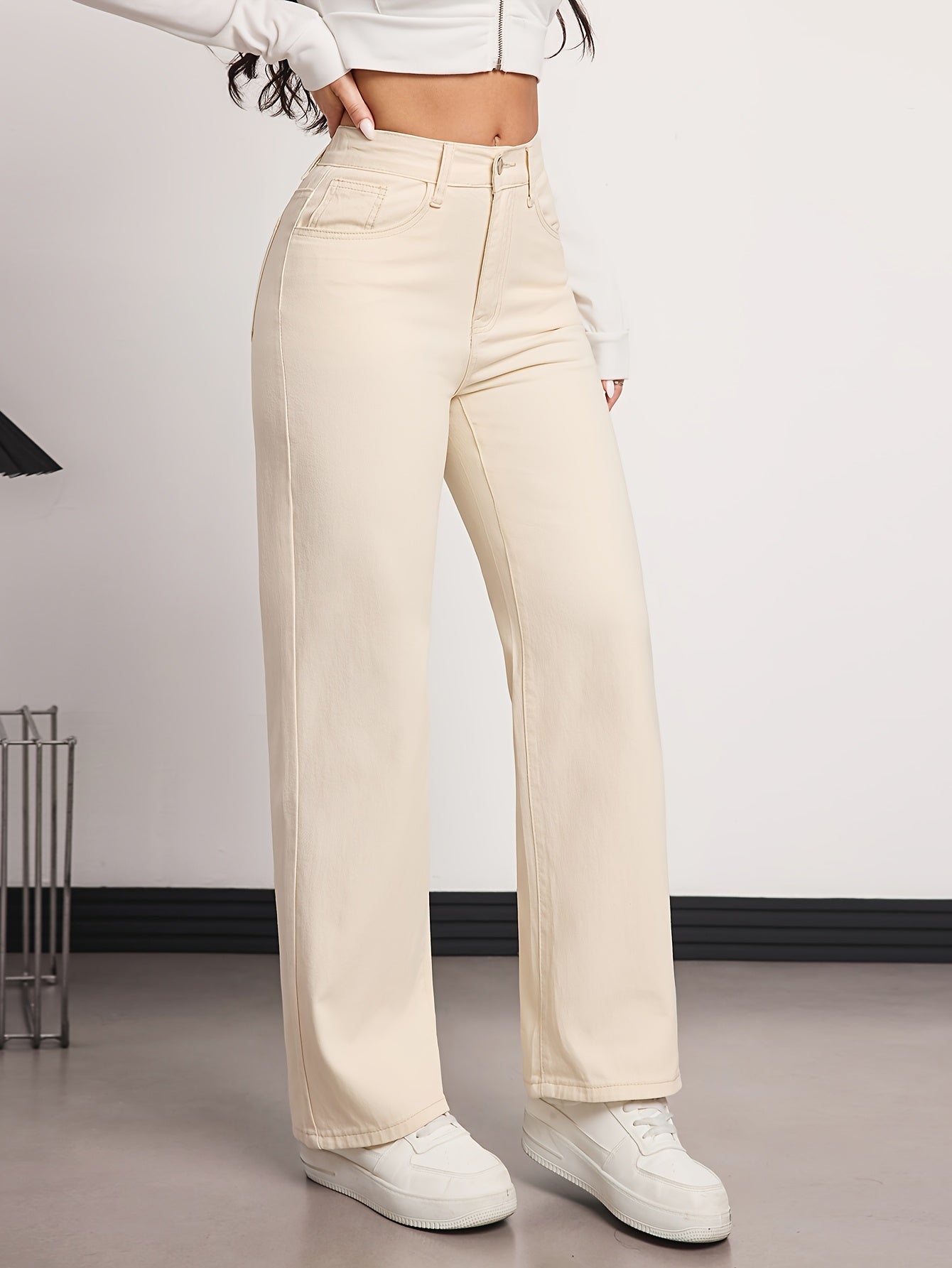 Women's High-Waisted Straight-Leg Jeans Pants - Beige Beige Denim, Belted Waist (No-Stretch -like Fabric), All-Season Trousers for Casual & Formal Wear, Classic Tailored Fit (Machine Washable) - Brown Jeans