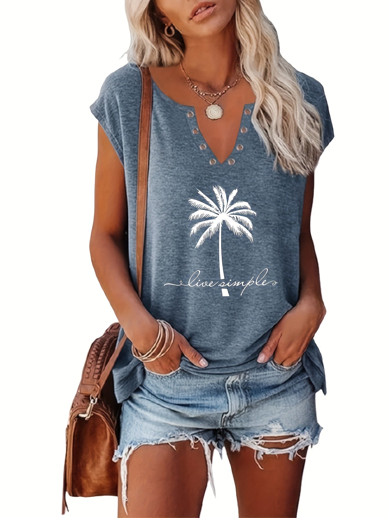 Two-piece Women's European And American Fashion Printed Blouse Button- V-neck Sleeve Vest