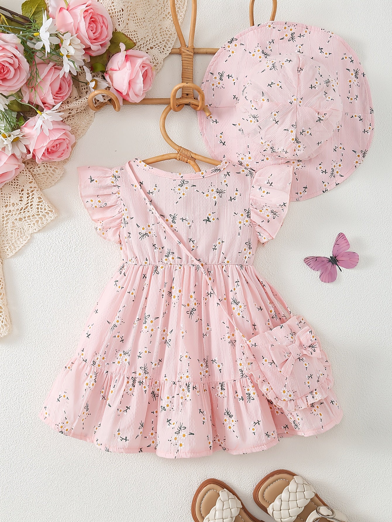 3pcs Casual Baby Girl Blue Dress Set, Small Floral Print and Ruffled Hem Design, with Cute Bag Bow Decoration and Sun Hat, Spring/Summer Princess Drdoor Wedding Occasion, Sister and Little Sister Dresses, Gift