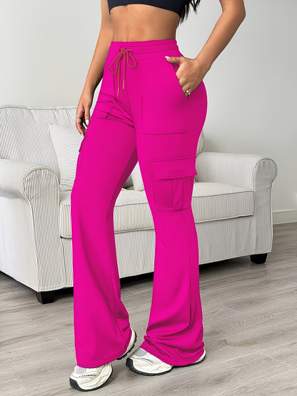 Women'S Functional Flare Cargo Pants, High Waist Elastic Drawstring Bootcut Leggings With Multi-Pockets, Stretchy All-Purpose & Casual Pants