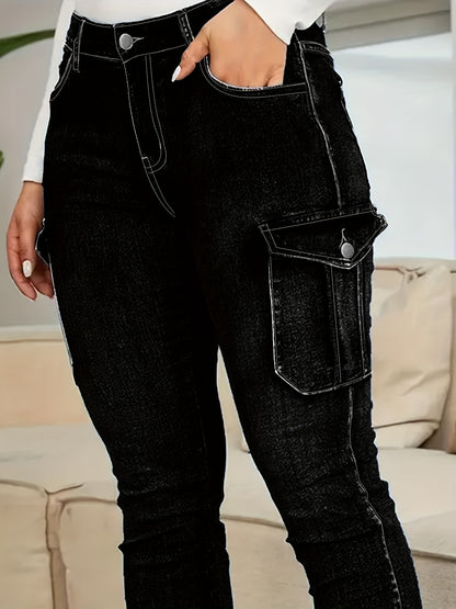 Plus Size - Women'S Plus Size High-Waist Stretchy Skinny Jeans with Pockets - Dark Blue Casual Tight Pants, Comfortable And Stylish for Casual Attire, High Waisted Jeans, Comfortable Clothing, Minimalist Design, Smooth Texture