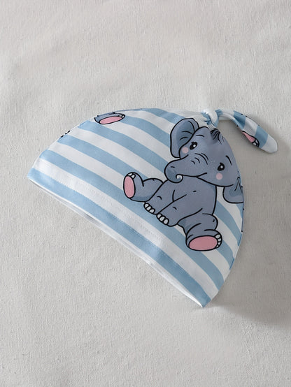 3pcs Baby Boy Newborn Spring And Autumn New Crown Cartoon Elephant with Shoulder Long Sleeved Jumpsuit&elastic Striped Cute Cartoon Elephant Full Print Panties&hat Set Suitable for Outdoor Clothing, Perfect for Outdoor