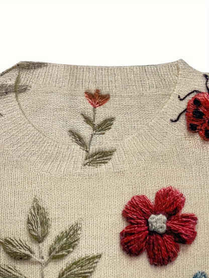 Women's Lightweight All-Over Print Sweater - 3D Insect & Floral Design, Casual Crew Neck Long Sleeve Top, Regular Fit for All Seasons, Cute Sweater, Allseason Wear, Playful Design, Comfortable Clothing
