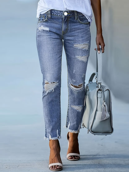 Plus Size Women's Blue Distressed Washed Denim Jeans | Multiple Rips & Destroyed Hem | Slim Fit, Unique Design | Versatile Stylish Style for All-Season Commuting