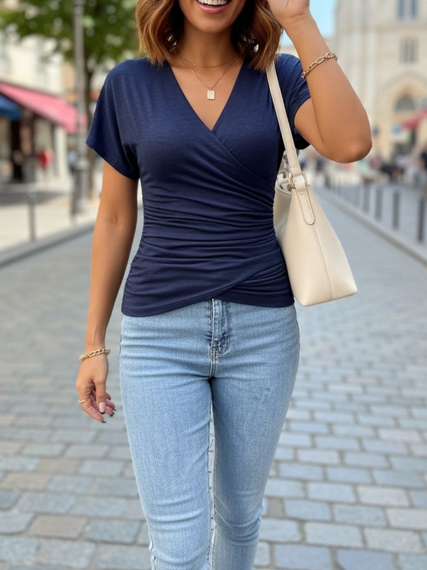 [V-Neck Ruched Solid Color T-Shirt] Solid Color Cross V-Neck Ruched T-Shirt, Casual Short Sleeve Slim T-Shirt for Spring & Summer, Women'S Clothing