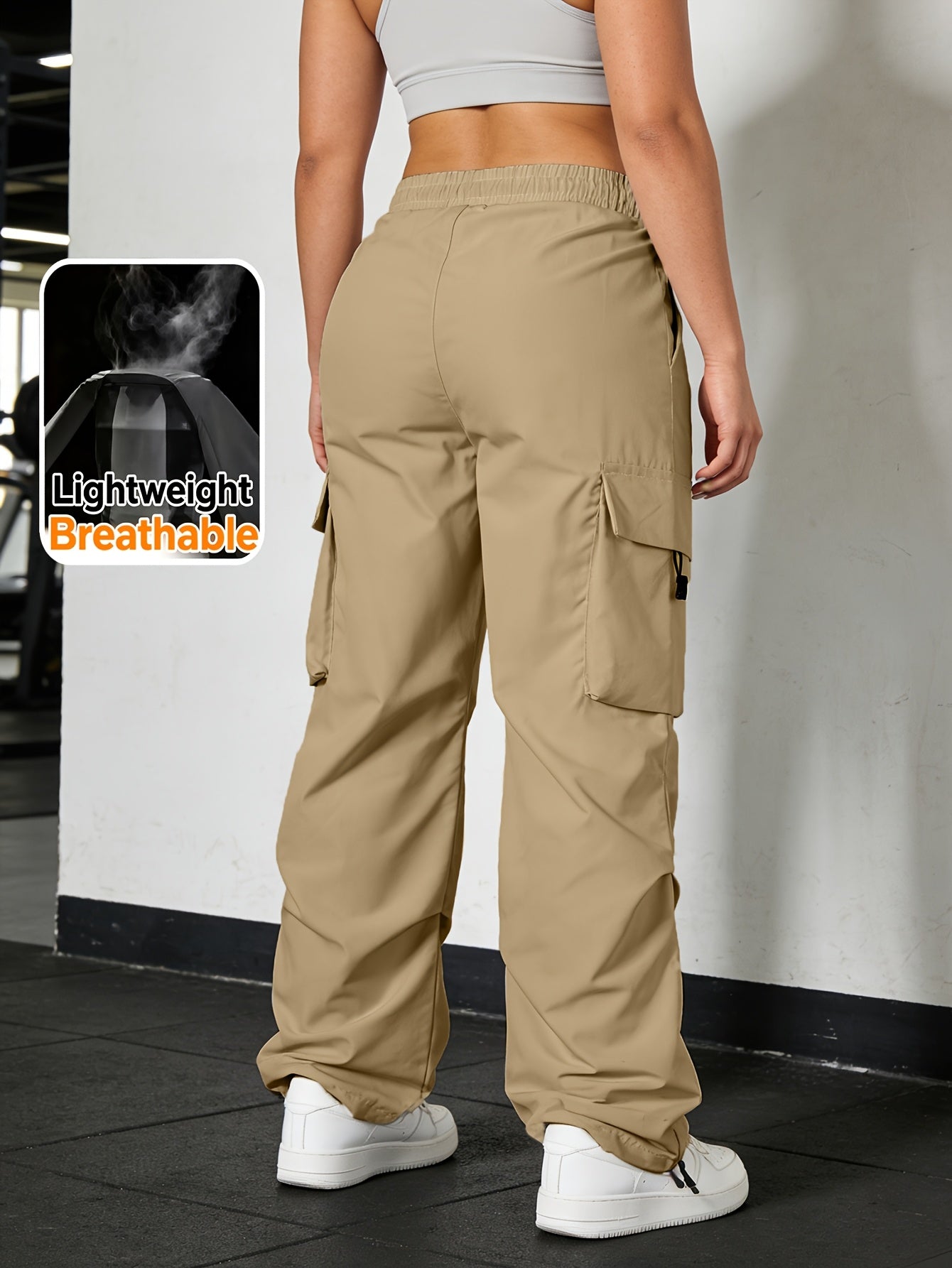 Women's Wide Leg Cargo Pants with Elastic Waist & Flap Pockets - Loose-Fit Trousers Suitable for Hiking, Jogging, Streetwear | Machine Washable Solid Black All-Season Pants for Gym, Outdoor, Daily Wear | Multi- Utility Pants
