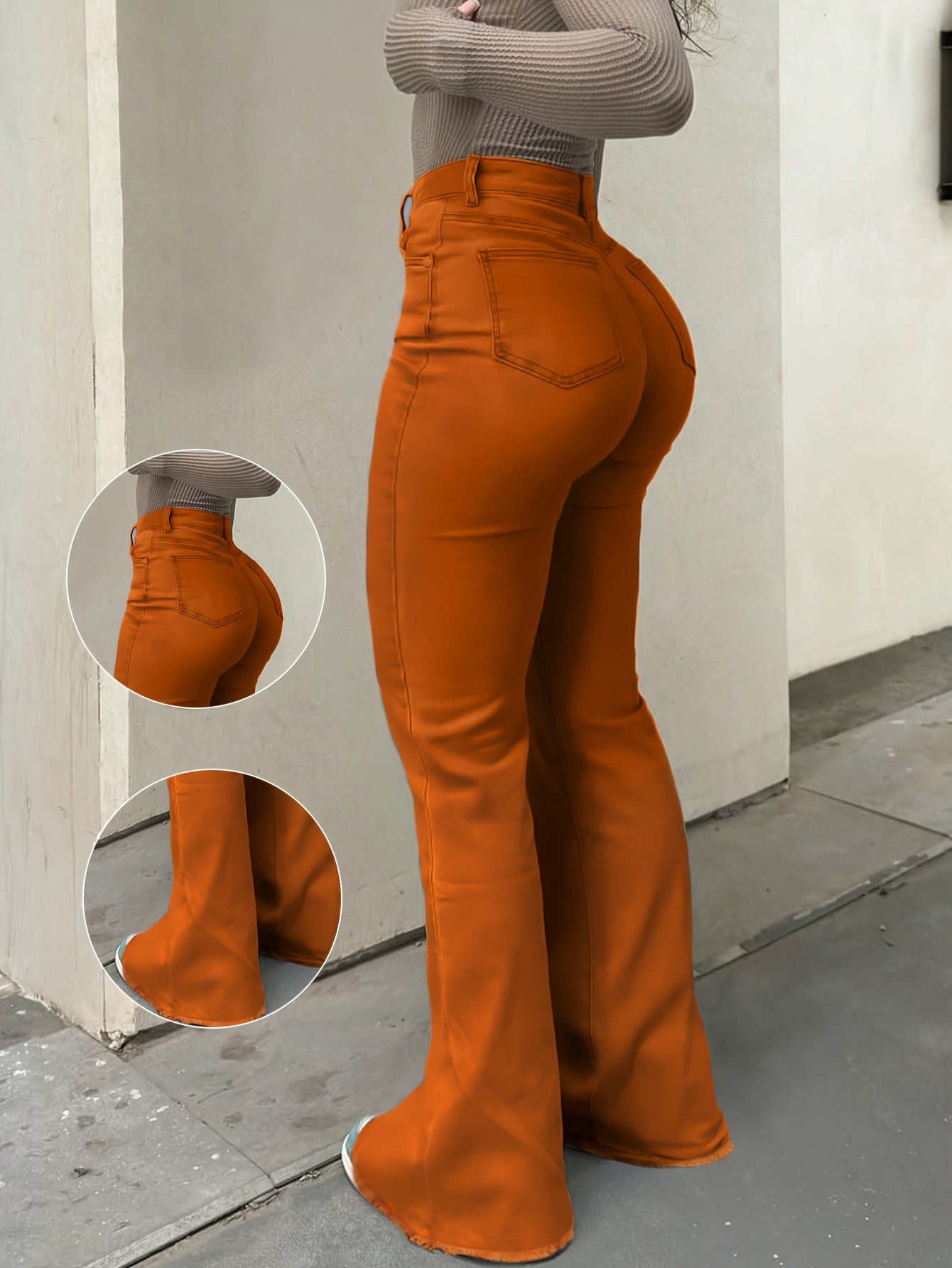 Women's Vibrant Orange Distressed Flare Jeans - Cotton Stretch Denim, Vintage High-Waisted Bootcut Pants with Knee-Hole Design, Comfortable and Stylish Casual Wear