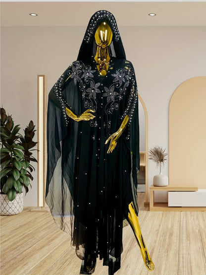 Chic Rhinestone Wrap for Women Featuring Trumpet Sleeves - A Loose-Fitting Long Cape Inspired by Middle Eastern Styles, Adorned with Semi-Sheer Pearls And Crystals, with a Split Hem Perfect for Summer Weddings And Formal Occasions