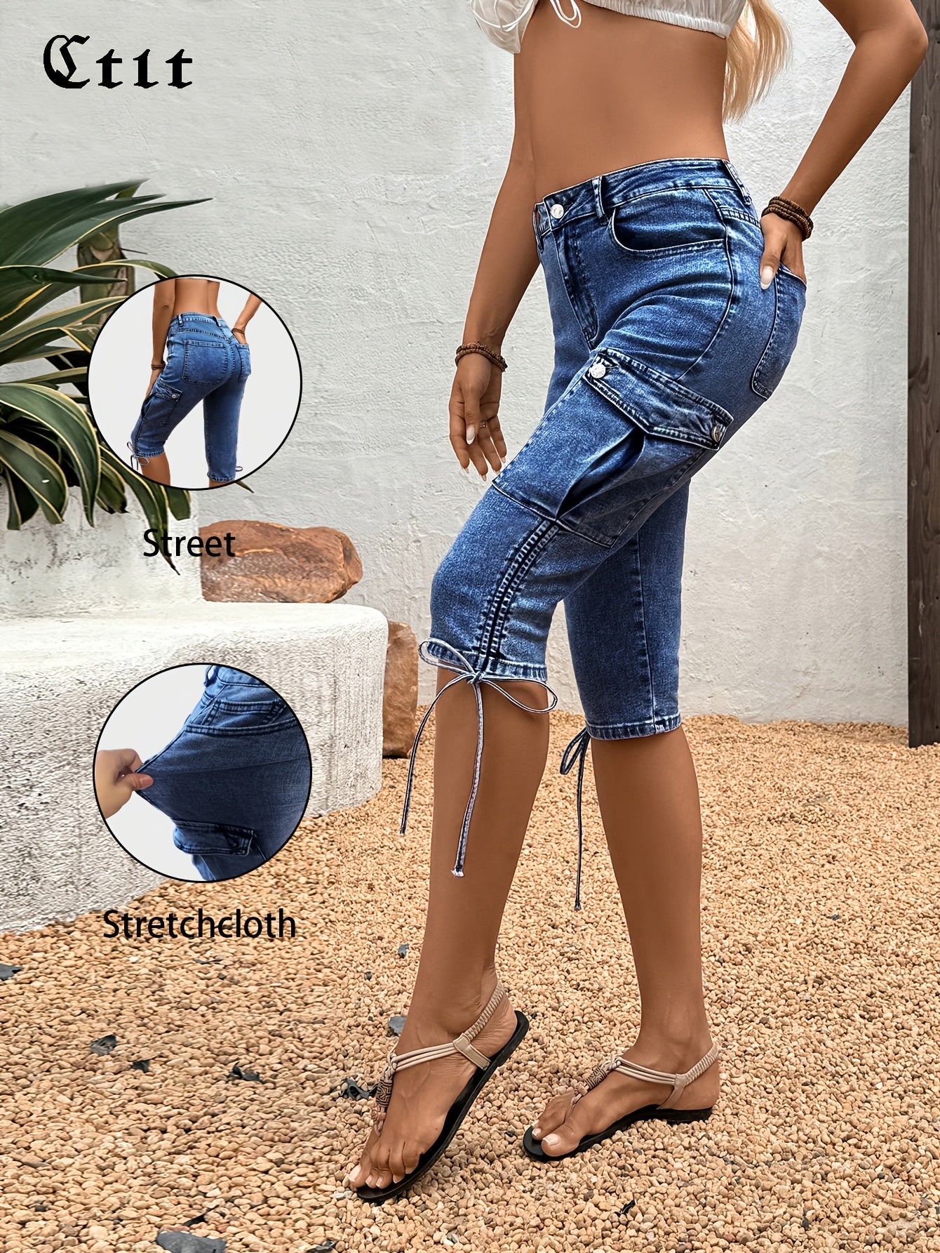 Drawstring Side Flap Pocket Side Cargo Jeans