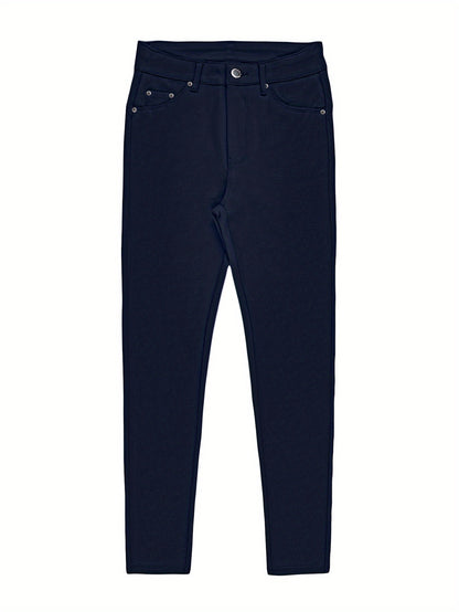 Women's High-Waisted Stretch Street Style Solid Black Skinny Fashion Metal Button Detail Casual Jeans