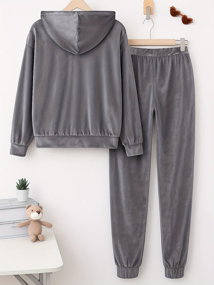 Lady Velvet 2pcs Set (Solid-color Long-sleeved Hooded Sweatshirt And Sweatpants Set) Soft Velvet Y Set for Casual Wear, Dress-up Set, Y Set