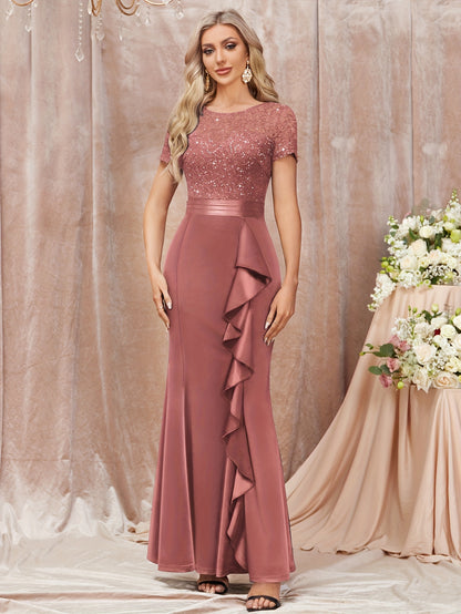 53272 Elegant Womens Sequin Lace Contrast Bridesmaid Maxi Dress, Scoop Neck Short Sleeves, Side Ruffle Detail, Satin Mermaid Hem, Perfect for Graduation Season, Wedding Season, Summer Wedding Guest, Evening Party, Summer Vacation Events And Formal