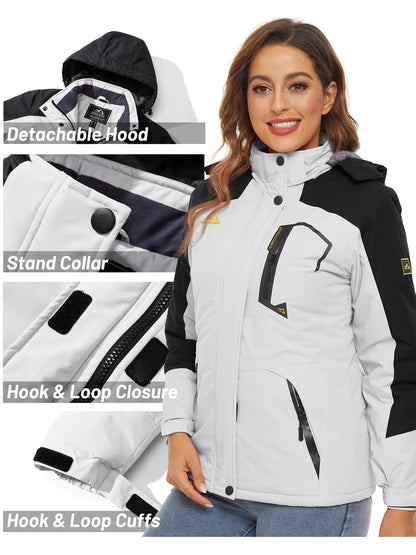 Women'S Warm Ski Jackets Winter Windproof Thermal Fleece Lined Coats Outdoor Detachable Hooded Heavy Weight Thick Jacket Camping Climbing Traveling Snowboard Windbreaker