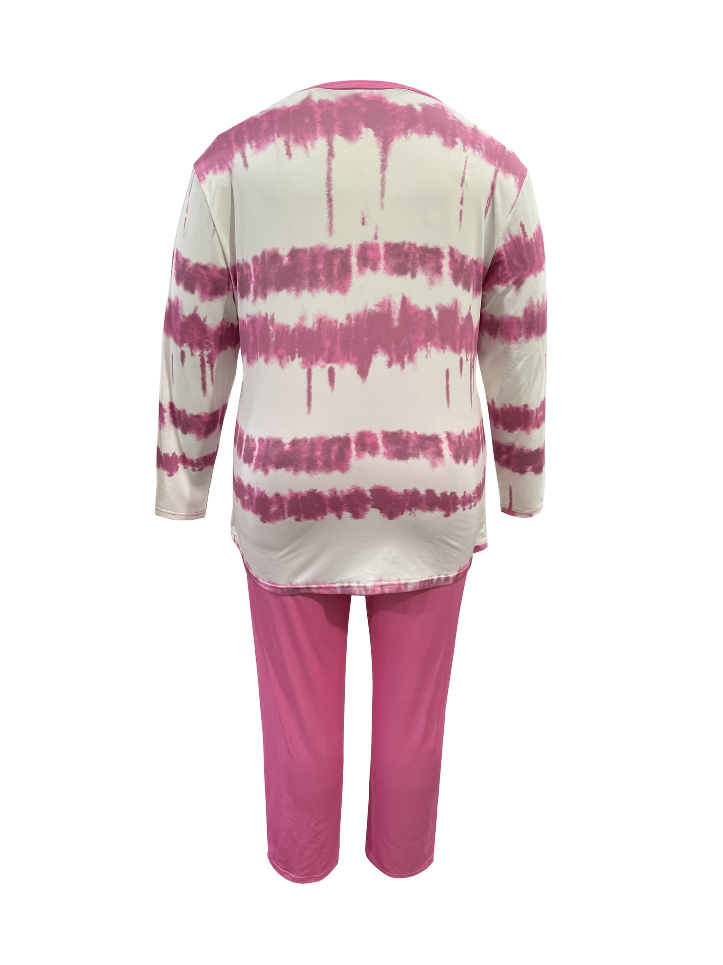 Plus Size - Plus-size Fashion Tie-dye Striped Print Long-sleeved Trousers Suit, Suitable For Going Out